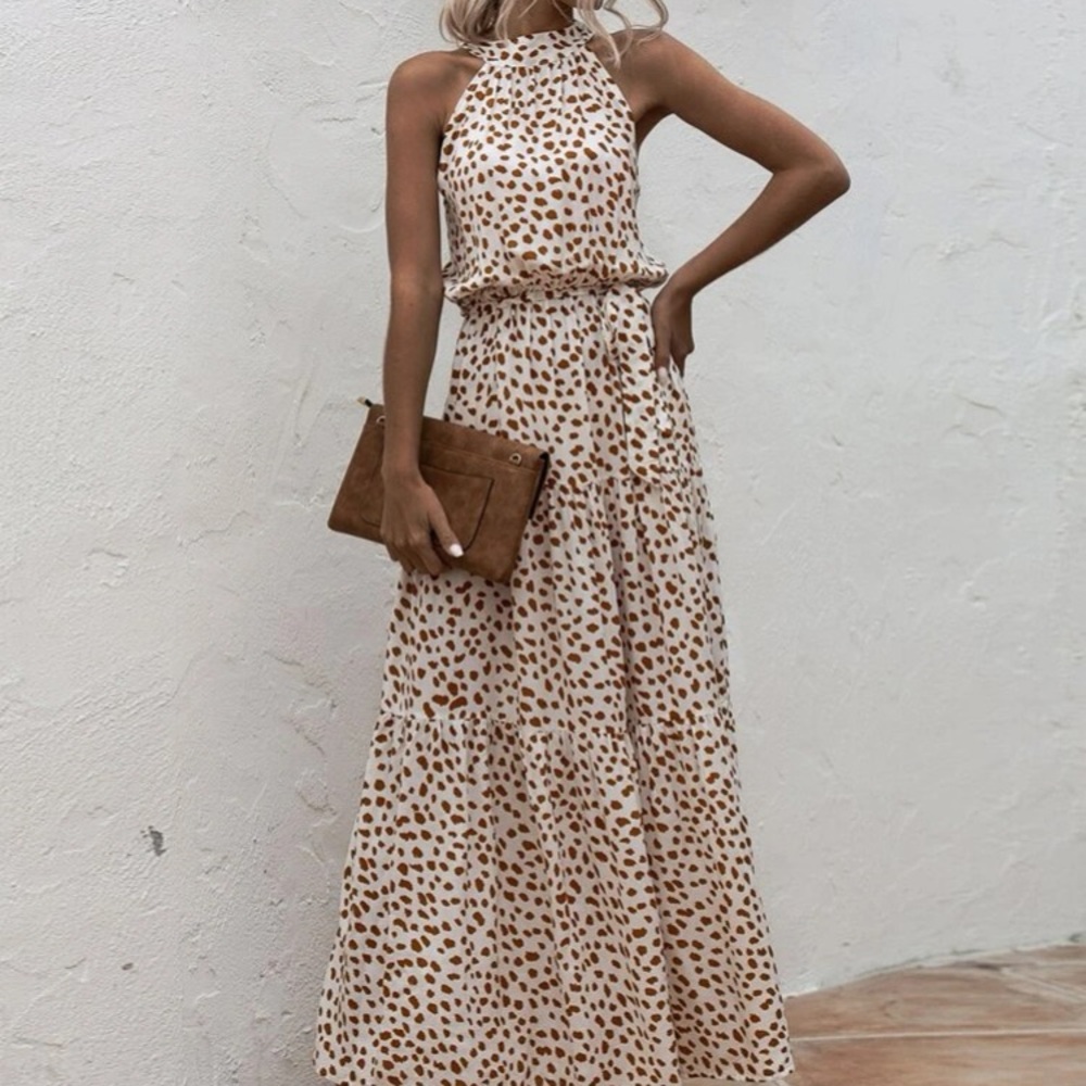 Boho cream brown halter dot belted maxi dress - Picture 4 of 8